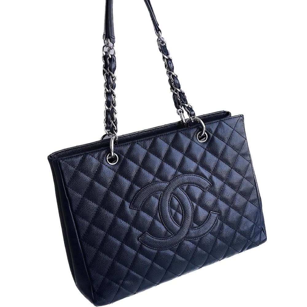CHANEL Grand Shopping Tote Navy Blue Caviar Leather Shoulder Bag GST